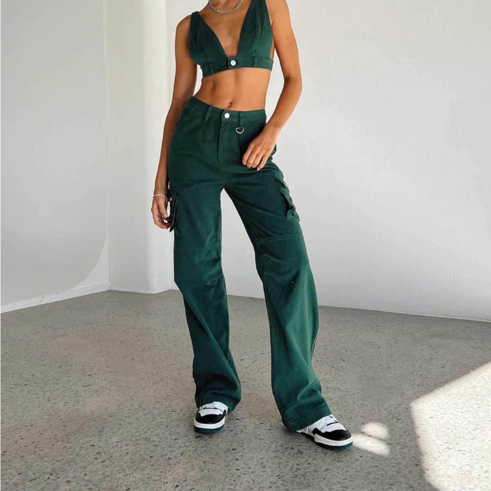 PRINCESS POLLY PAIGE MID RISE CARGO JEAN DENIM GREEN